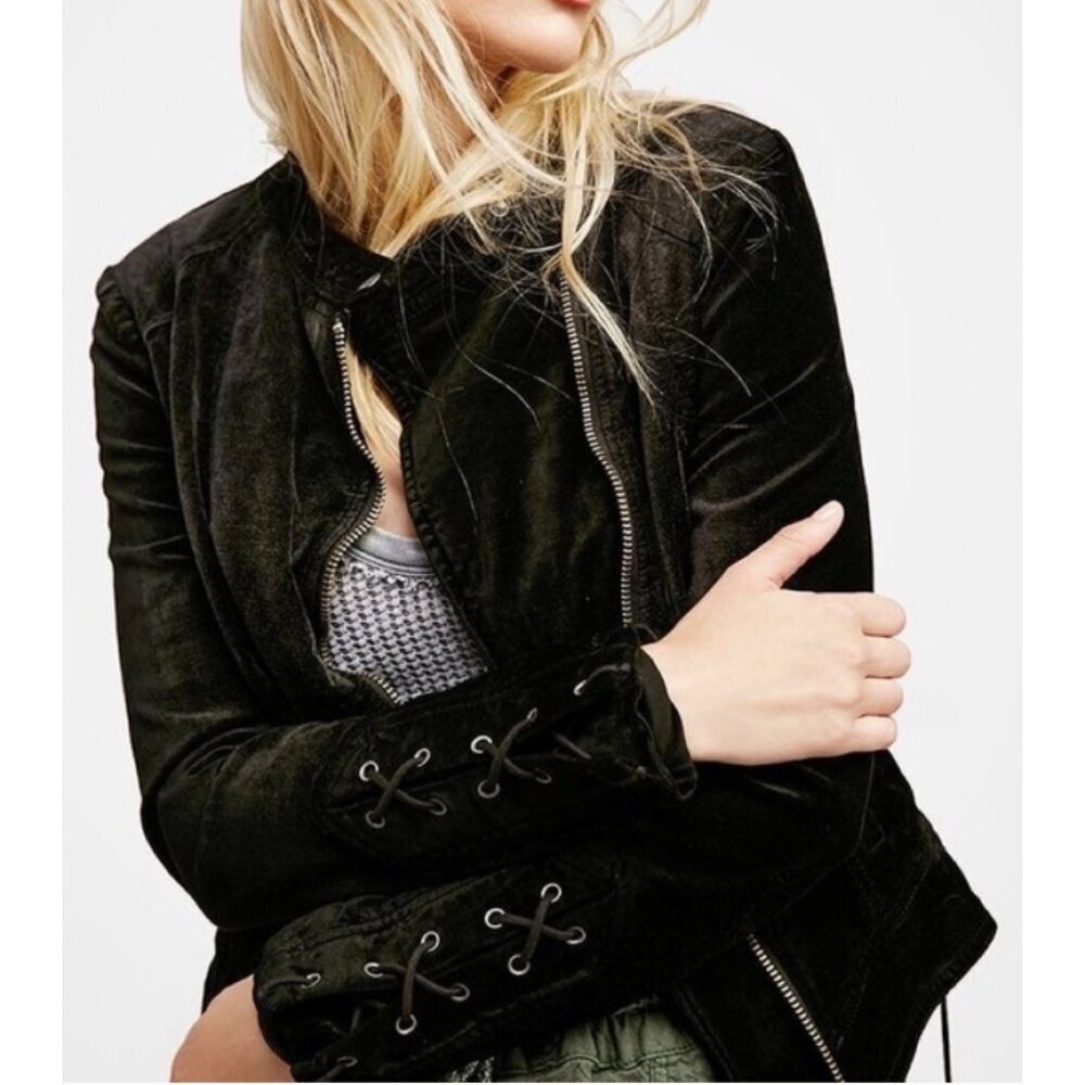 Free People Jacket Size Medium Lace-Up Sleeves Velvet Moto Jacket Romantic